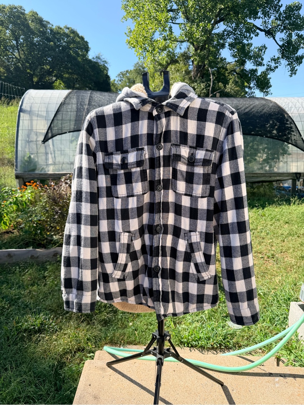 American Eagle Sherpa Lined Hooded Flannel Jacket Black White Buffalo Plaid M
